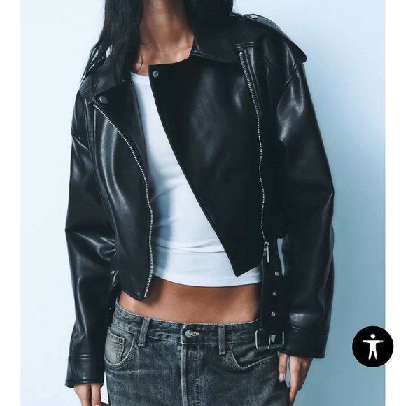 ZARA FAUX LEATHER CROP BIKER JACKET BLACK. Size XL - Picture 2 of 13